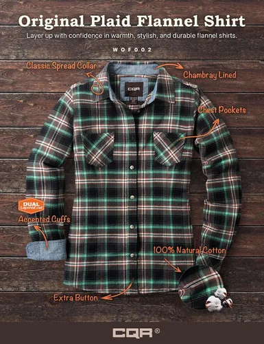 Vista 6 de CQR - Camisa de franela a cuadros para mujer, de manga larga, casual, de algodón suave cepillado y con botones
