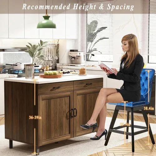 Vista 261 de SoarFlash Juego de 2 taburetes de bar tapizados de terciopelo moderno con patas de madera, botones acolchados, cabeza de clavo cromada, asiento