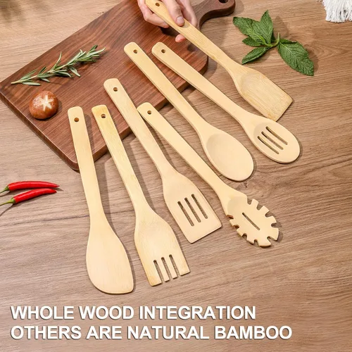 Vista 7 de [7 piezas] Las cucharas de madera para cocinar son para toda la cocina. Hechas de madera de bambú, espátula de madera y cuchara de madera de 11.8