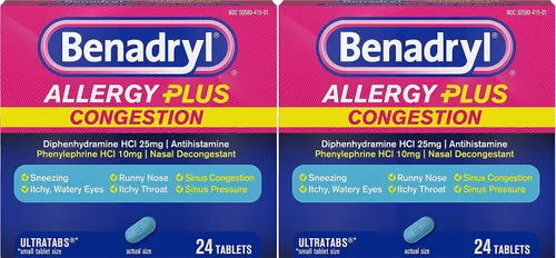 Vista 9 de Benadryl Allergy Plus Congestión Ultratabs, medicamento con difenhidramina HCl antihistamínico y fenilefrina HCl Descongestionante nasal, tabletas