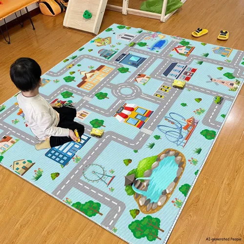 Vista 3 de Alfombra de coche para niños, 2 pies 7 pulgadas x 4 pies, alfombra de juego para trenes de autos de juguete, alfombra antideslizante para pista