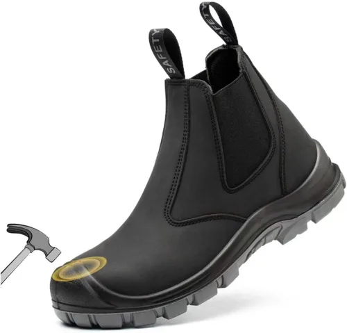 Vista 13 de TAERDUN Botas de trabajo con punta de acero para hombre, botas Chelsea sin cordones, zapatos industriales y de construcción para hombre 414 negro
