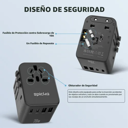 Vista 6 de EPICKA Adaptador de viaje universal, adaptador de enchufe internacional GaN con 3 USB-C de carga rápida PD de 70W y 2 USB-A todo en uno cargador