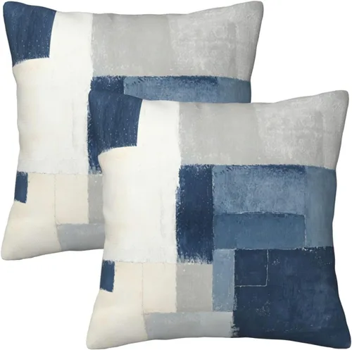 Vista 12 de Juego de 2 fundas de almohada geométricas abstractas de 18 x 18 pulgadas, color azul y marrón, fundas decorativas para sofá, sala de estar