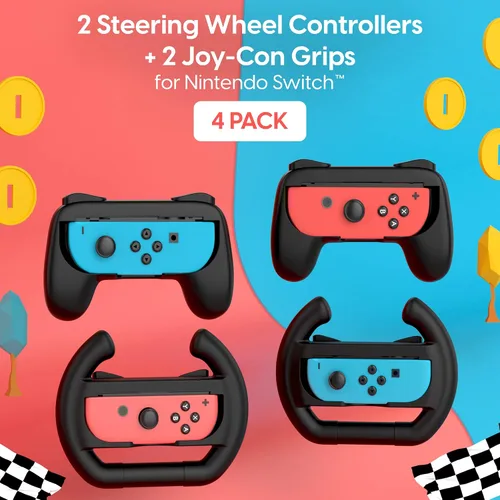 Vista 2 de TalkWorks Video Game Wheels & Controllers Nintendo Switch + OLED Joy-Con Compatible - 2 Wheels, 2 Mini Controllers - Handheld Joystick Remote