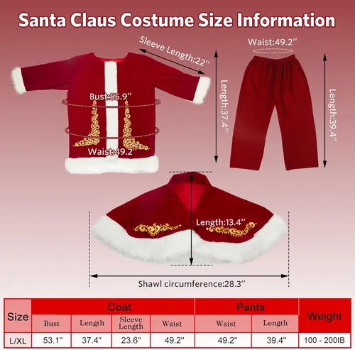 Vista 3 de Disfraz de Papá Noel de Navidad para hombres, traje de Papá Noel de lujo para adultos, 10 piezas, disfraz de terciopelo de Papá Noel para hombres