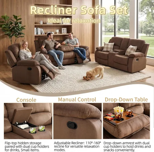 Vista 4 de Juego de sofá reclinable manual, juego de sofá reclinable de microfibra, moderno juego de muebles de sala de estar, sillón reclinable para sala