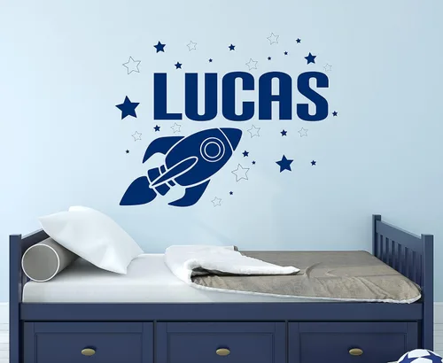 Vista 2 de Calcomanía de pared personalizada con nombre de cohete, calcomanías de pared de cohete, calcomanías de pared para guardería, decoración