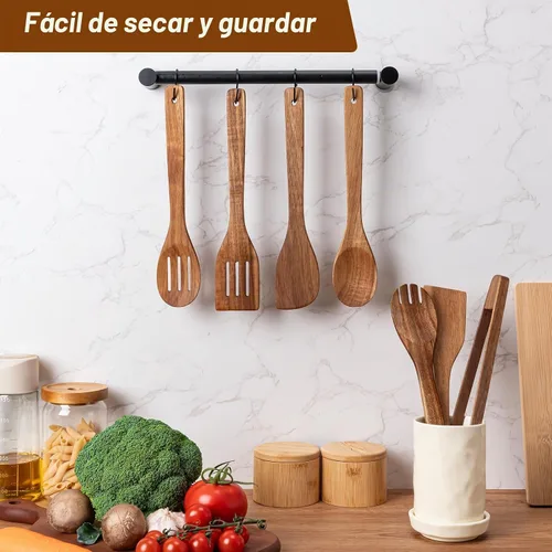 Vista 5 de Eisinly Cucharas de madera para cocinar, 7 piezas, juego de utensilios de cocina de madera antiadherentes, cuchara de espátula de madera duradera