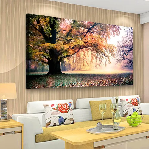 Vista 16 de Cuadros de bosque azul para pared, arte de pared para sala de estar, dormitorio, bosque impreso para decoración del hogar, arte abstracto de niebla