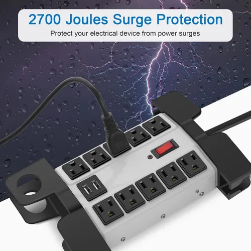 Vista 3 de CCCEI Regleta de alimentación resistente con puertos USB, 10 salidas para garaje, protector de sobretensiones de 2700 julios, metal para taller Gris