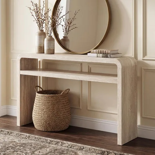 Vista 9 de Hyfirm Mesa consola de madera estilo travertino con estante de Beige