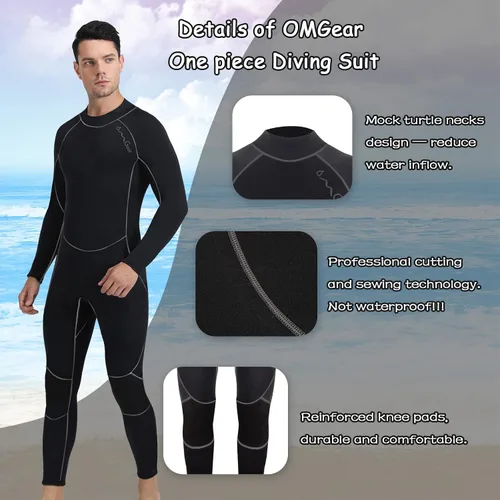 Vista 2 de OMGear Traje de neopreno para hombres y mujeres, 0.118 in, cuerpo completo, protección UV, una pieza, manga larga, trajes de buceo, traje de baño