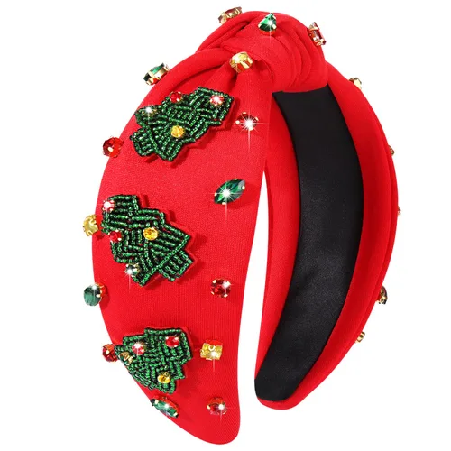 Vista 12 de Diadema de Navidad para mujer, accesorios de Navidad con cuentas, arco de Navidad, árbol, copo de nieve, diadema anudada HOHOHO, rojo y verde, perla