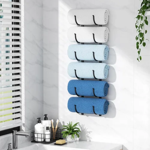 Vista 2 de Toallero enrollado para baño: soporte de almacenamiento de toallas montado en la pared de 6 niveles, organizador colgante para toallas, mantas