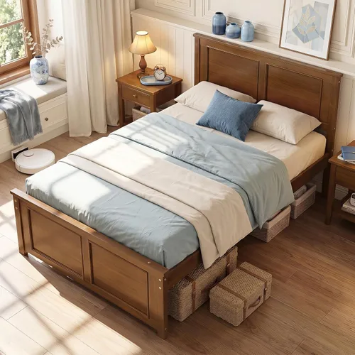 Vista 4 de KOMFOTT Twin Size Bed Frame, Farmhouse Wooden Platform Bed with Headboard Nogal