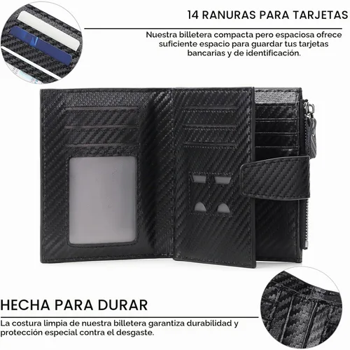 Vista 2 de FALAN MULE Cartera de cuero genuino con bloqueo RFID para hombre con cremallera bolsillo para monedas, ventana de identificación ABA-negro