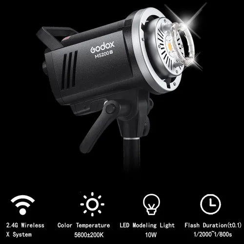 Vista 2 de Godox MS200-V MS200V 200W - Luz estroboscópica compacta de estudio, GN53 0.1-1.8S Tiempo de reciclaje, sistema 2.4G X, montaje Bowens con lámpara