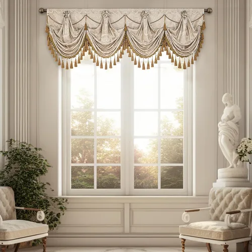 Vista 8 de Loom and Mill Cenefas de cascada de lujo para ventanas de 39 pulgadas de ancho, dorado y arena Elegantes cenefas de cortinas jacquard con borlas