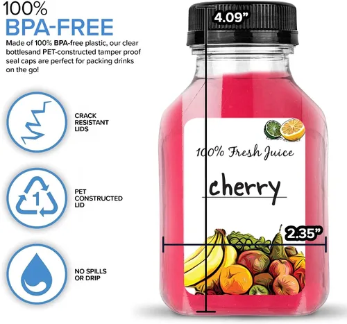 Vista 3 de Botellas de jugo de 8 onzas con tapas, recipientes reutilizables de plástico transparente para bebidas (paquete de 12) - Mini botellas de agua