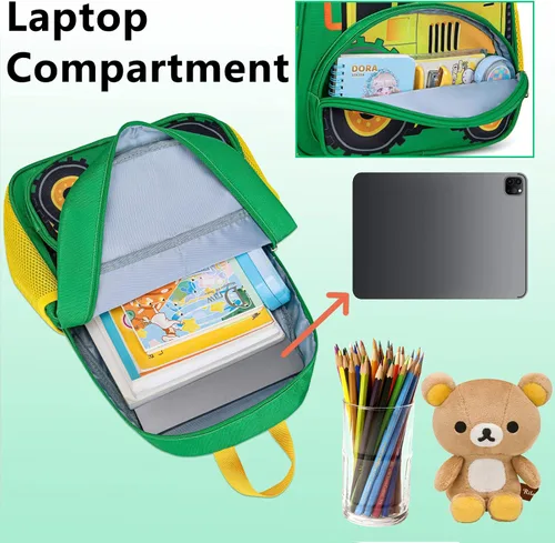 Vista 4 de BTOOP Mochila para niños y niñas, mochila con clip para el pecho, Tractor-verde, Mochilas Daypack