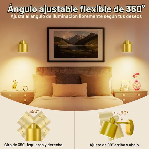 Vista 3 de Lightess Juego de 2 Apliques Decorativos de Pared con Interruptor, Aplique de Pared Dorado Regulable Giratorio de 350° con Cableado Directo, Luces