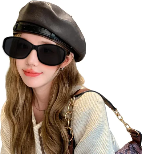 Vista 4 de MINGSEECESS Mujeres PU cuero francés negro boina sombrero Causal Beanie Hat Cinturón-marrón