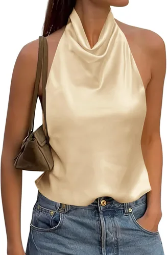 Vista 15 de Cicy Bell Camiseta de satén con cuello halter para mujer, sin espalda, Y2K Amarillo