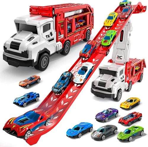 Vista 10 de Juguetes de camiones de transporte para niños de 3, 4, 5, 6 y 7 años, juego de camiones transportadores con pista de carreras y 12 juguetes de autos