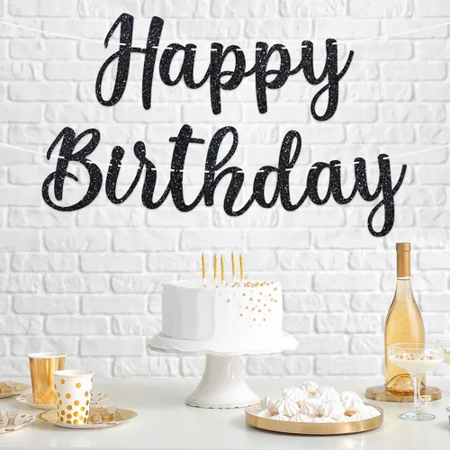Vista 8 de Cartel de feliz cumpleaños pre-encordado – No DIY – Cartel negro de feliz cumpleaños para hombres y mujeres – Guirnalda preencordada en hebras de 6