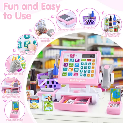 Vista 3 de PLAY Caja registradora de juguete para niños - Juguetes de simulación de calculadora con micrófono/transportadores/dinero de juguete/escaner/tarjeta