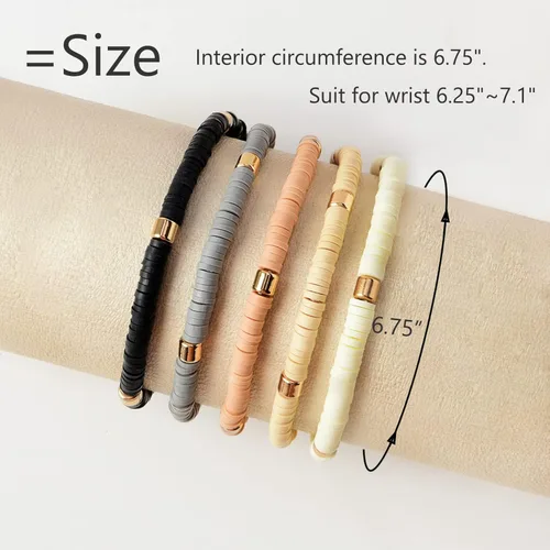 Vista 2 de Pulseras de cuentas de arcilla estilo heishi surfista para mujer, con discos de vinilo y dije de mal de ojo, apilables, pulseras elásticas