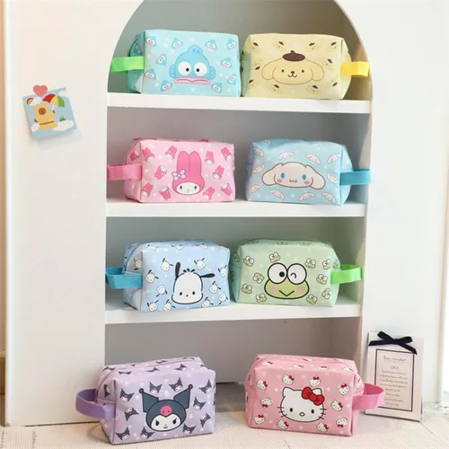 Vista 7 de Bolsa de maquillaje Kawaii, bolsa de cosméticos de viaje de piel sintética de dibujos animados, pequeña bolsa de maquillaje para niñas, bonita bolsa