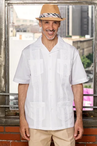 Vista 3 de Camisa de guayabera para hombre, cuatro bolsillos, manga corta, clásica, para vacaciones, boda, bordado, Pintuck, camisa relajada