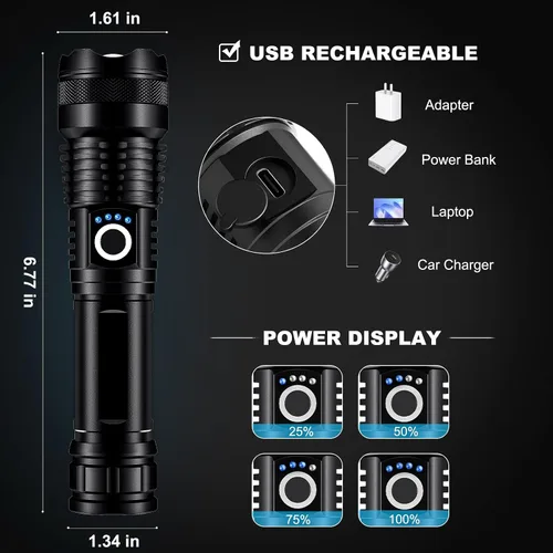 Vista 4 de Paquete de 3 linternas LED recargables de alto lumen, linterna súper brillante de 90,000LM, linterna potente ajustable de 5 modos con cable USB