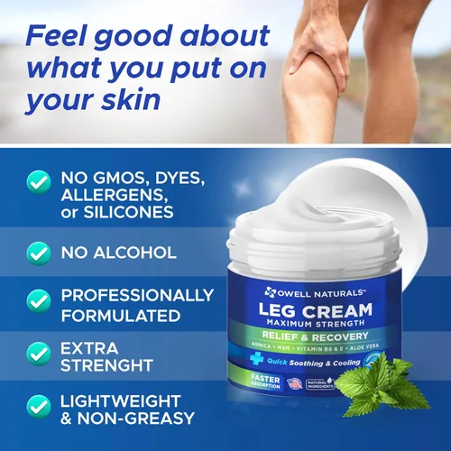 Vista 6 de OWELL NATURALS Crema calmante para las piernas, fórmula calmante penetrante profunda, acción rápida y máxima fuerza con árnica, aloe vera vitamina