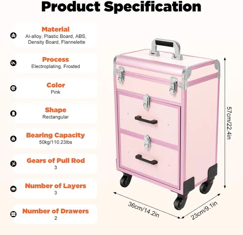 Vista 2 de YIYIBYUS Estuche de maquillaje rodante, 3 capas de carritos cosméticos profesionales grandes con cerraduras, estuche de viaje de maquillaje con Rosa