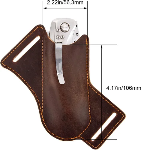Vista 3 de Funda de cuero para cuchillo, soporte para cuchillos de bolsillo, organizador de bolsillo para cinturón EDC, hecha a mano con dibujo cruzado