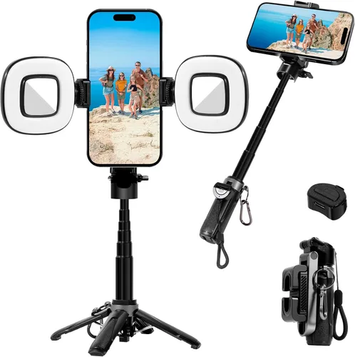 Vista 10 de Mini trípode 3 en 1, palo selfie para iPhone, trípode para iPhone con control remoto, trípodes de viaje ligeros para grabación de video selfie