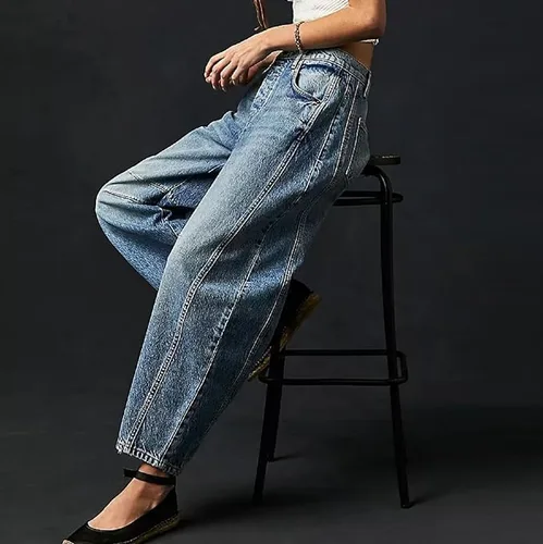 Vista 4 de Jeans de tiro medio para mujer, pierna ancha, cintura media, holgados, Y2K, estilo boyfriend, pantalones de mezclilla estilo harén, pantalones