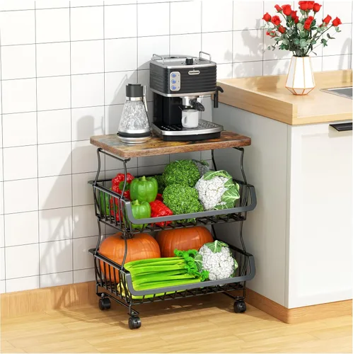 Vista 8 de Gsiekare Cesta de frutas y verduras para cocina, cestas de almacenamiento de 4 niveles apilables con ruedas, cestas organizadoras de almacenamiento