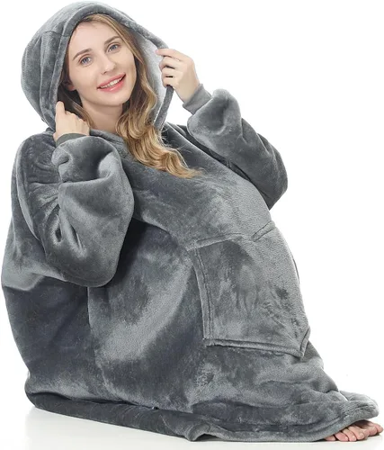 Vista 2 de Manta con capucha de gran tamaño, sudadera de manta portátil, forro polar sherpa ultra suave, cómoda sudadera con capucha