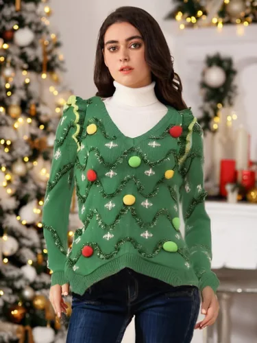 Vista 26 de v28 - Suéteres feos de Navidad variados, para mujer, suéter de punto con diseño de reno feliz