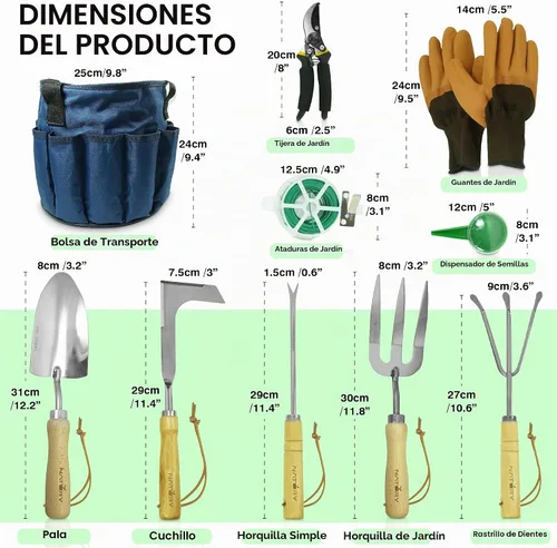 Vista 4 de Juego de herramientas de jardín – Herramientas de mano de jardinería de acero inoxidable premium con mango de madera de haya maciza – Kit