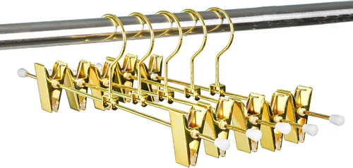 Vista 7 de Amber Home Paquete de 10 perchas de metal dorado brillante de 12 pulgadas para pantalones, resistentes para pantalones con 2 clips antideslizantes
