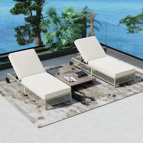 Vista 25 de Tumbona reclinable para patio al aire libre con respaldo ajustable de 5 posiciones y mesa auxiliar de madera, silla lounge para todo tipo de clima