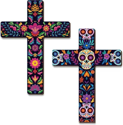 Vista 13 de Pinkunn 2 piezas de decoración de pared con cruz floral mexicana, arte de pared mexicano pintado a mano, decorativo, inspirador, cruz floral