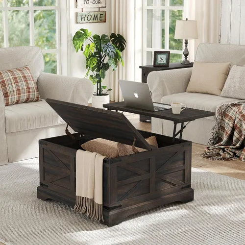 Vista 16 de Furnideco - Mesa de centro de granja con superficie elevable, mesa central cuadrada de madera con gran compartimento de almacenamiento oculto