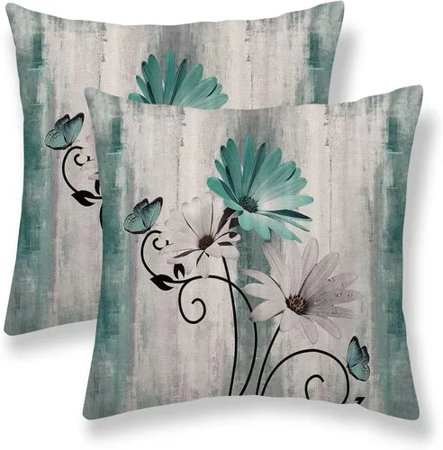 Vista 9 de Juego de 2 fundas de almohada florales de color salvia de 16 x 16 pulgadas, fundas de almohada decorativas con flores de margarita y mariposas