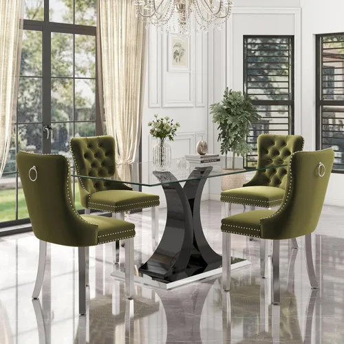 Vista 49 de Juego de comedor moderno de vidrio de lujo de 5 piezas, juego de cena rectangular minimalista grande para 4, juego de mesa de cocina de vidrio